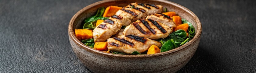 Freshly prepared organic dog meal with grilled chicken, sweet potatoes, and spinach in a rustic ceramic bowl