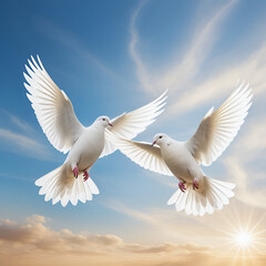 Obraz premium A serene image of two white doves in flight, symbolizing peace and freedom against a soft, ethereal background.