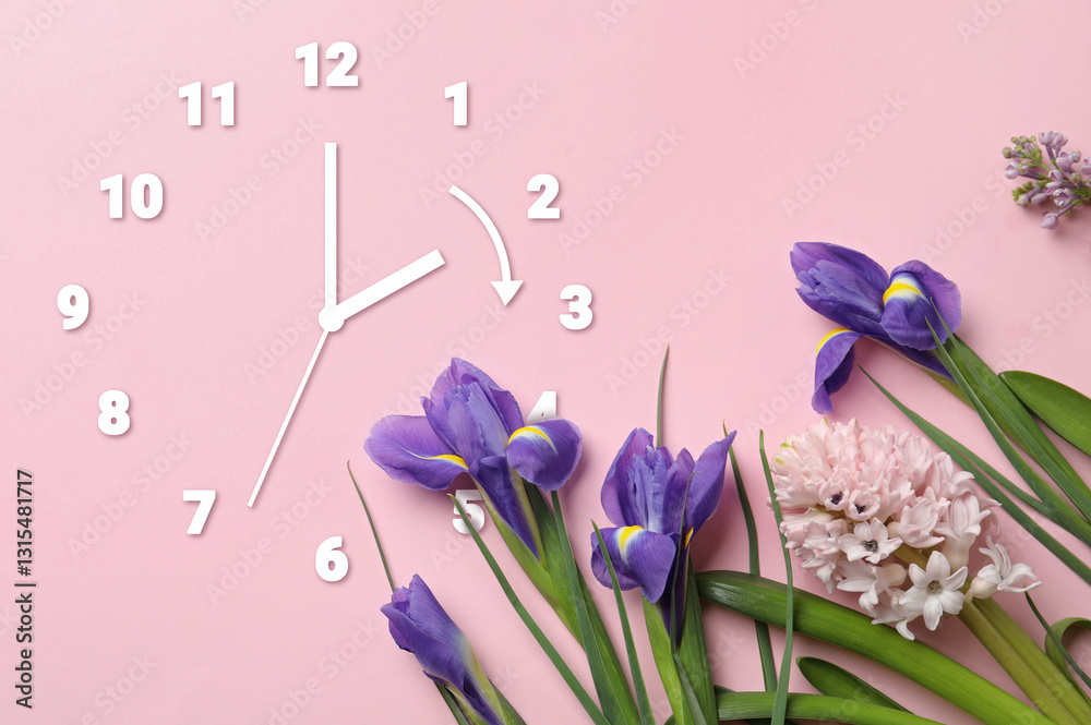 Poster clock and flowers on pink background, top view. arrow showing time change one hour ahead in spring. 