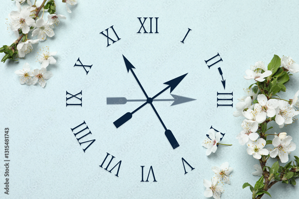 Poster clock and blossoming branches with white flowers on light blue background, top view. arrow showing t