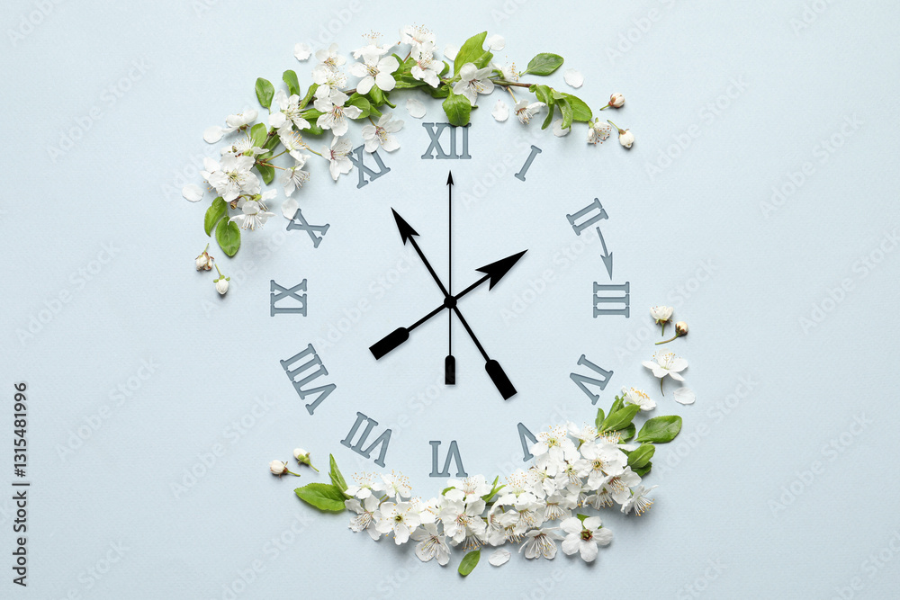 Poster clock and white flowers on light blue background, top view. arrow showing time change one hour ahead