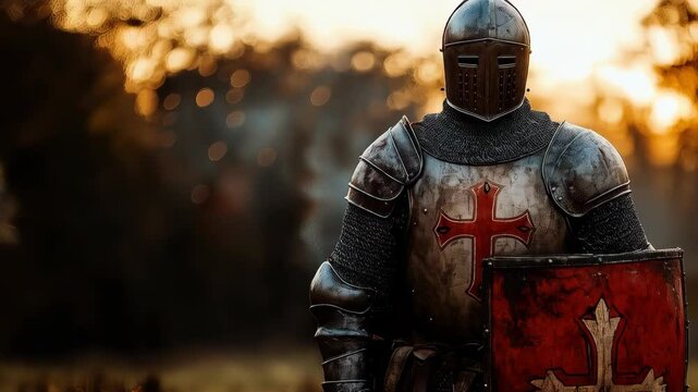 Standing warrior in armor poses with shield at sunset in a serene forest setting