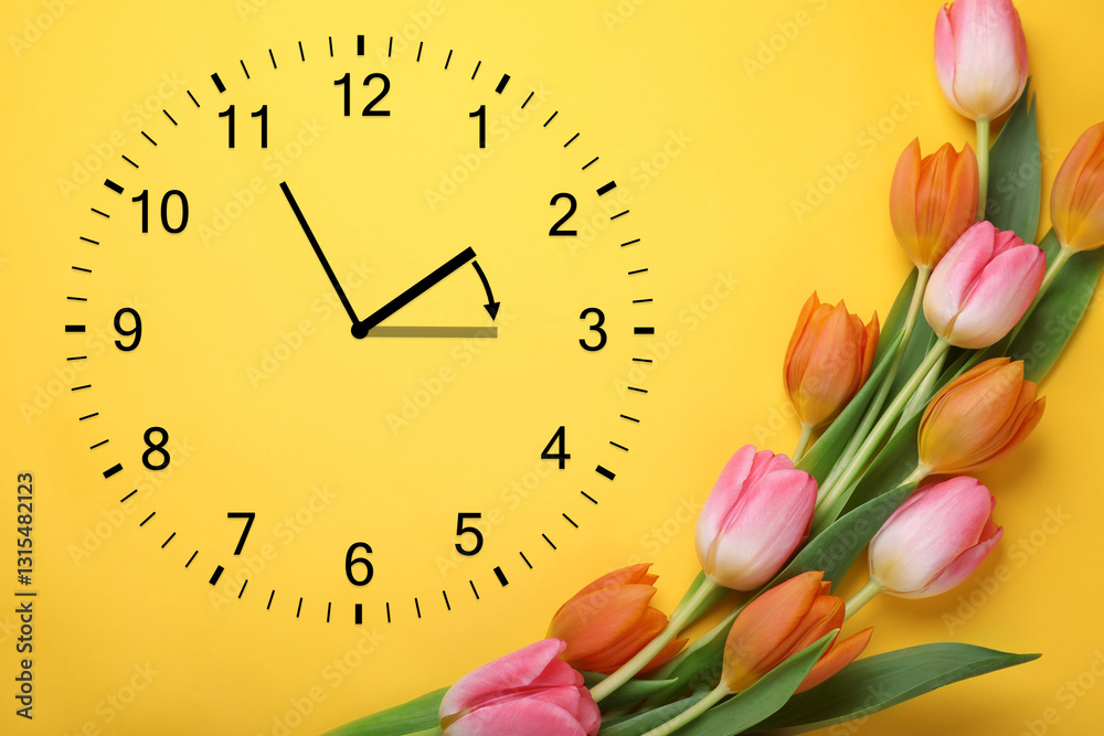 Poster clock and flowers on orange background, top view. arrow showing time change one hour ahead in spring