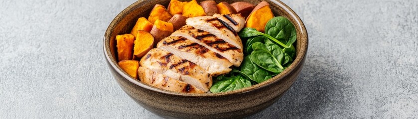 Freshly prepared organic dog meal with grilled chicken, sweet potatoes, and spinach in a rustic ceramic bowl