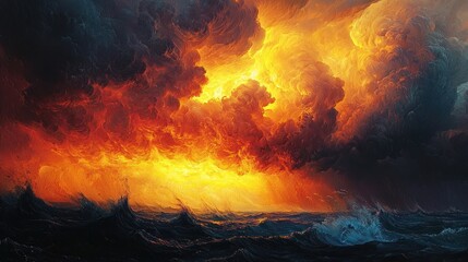 Fototapeta premium Fiery storm clouds over turbulent ocean.