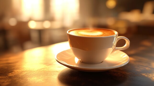 Warm Morning Coffee with Frothy Foam on a Sunlit Table