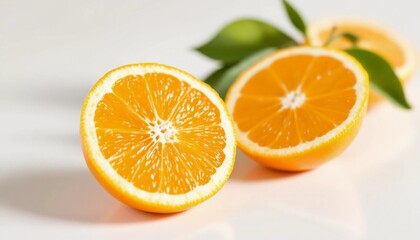 Fototapeta premium Fresh citrus fruit halves on white surface with green leaves behind them