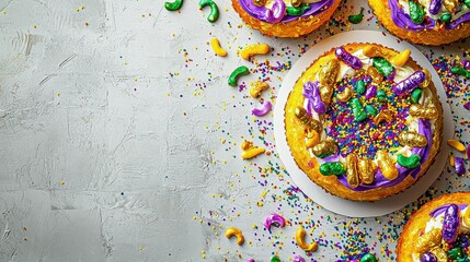 Naklejka premium Traditional King Cake Dessert with Sweet Yellow Green Purple White and Gold Colors Celebrating Mardi Gras Tradition and Sugar Indulgence on a Delightful White Background