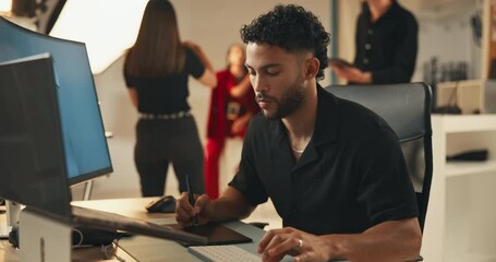 Computer, creative man and photography editor in studio for drawing, typing or retouch on graphic tablet. Art, photographer or editing picture for design, fashion or post production process backstage