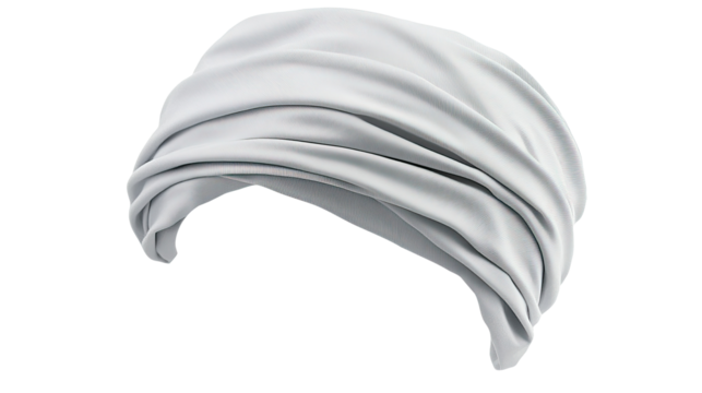 Grey fabric turban headwrap, studio shot, plain background, fashion accessory