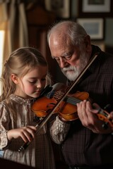 A quiet moment indoors where a grandfather teaches his granddaughter to play a violin.