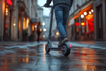 Fototapeta premium Scooter rider navigating a rain-soaked street in a lively city during dusk