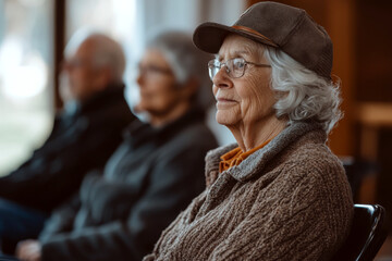 Elderly woman in a cap and sweater sitting attentively among others inside. Concept of senior community gathering. For retirement lifestyle photo.
