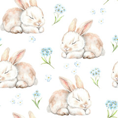 Seamless pattern with a cute rabbit and forget-me-nots on a white background. The illustration is hand drawn with watercolor. Perfect for textiles, packaging and design.