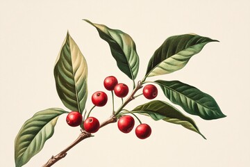 Botanical Illustration of Coffee Branch with Red Cherries and Detailed Green Foliage