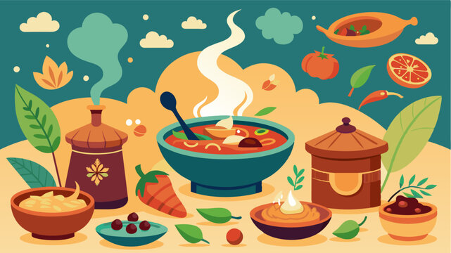 The aroma of various cultural dishes wafting through the air from fragrant curries to savory stews.. Vector illustration