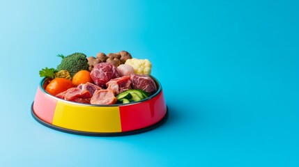 Brightly colored dog bowl with an assortment of fresh meats and vegetables for canine health