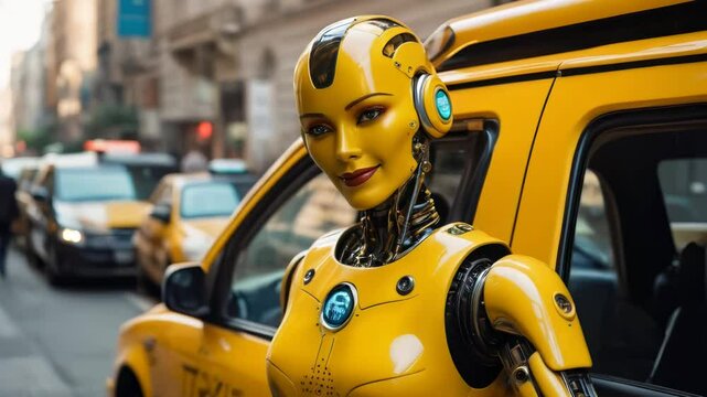 yellow taxi cab, robotic taxi driver