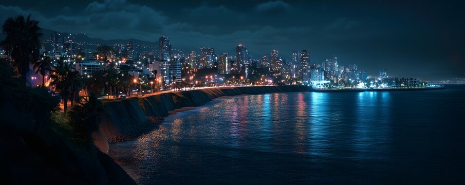 Fototapeta Lima at night with the brightly lit Miraflores district, view of the coastline with shimmering city lights reflecting on the Pacific Ocean