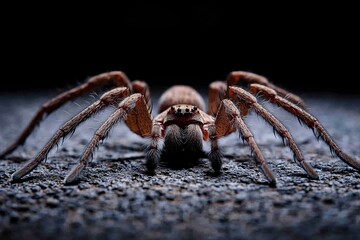 Close-up view of a large brown spider with intricate details on its body and legs on a dark surface