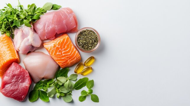 Vibrant dog food composition with raw chicken, omega-rich fish oil, and fresh herbs