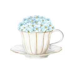 White porcelain cup with gold pattern and blue forget-me-nots on white background. The illustration is hand-drawn in watercolor. Ideal for textiles, packaging and design.