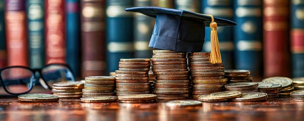 Saving money through banking and investment education concept with coins for future children’s education fund and student loan planning in business finance growth