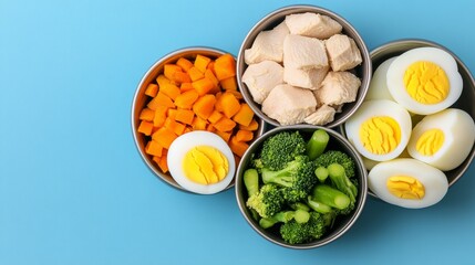 Balanced pet food with boiled eggs, turkey, and steamed vegetables, portioned in bowls