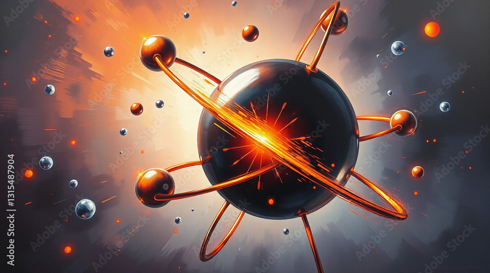 Wall mural 3d model of an atom with electrons orbiting the nucleus, symbolizing atomic structure and quantum ph