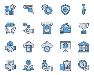 Filled blue outline icons set for Business.