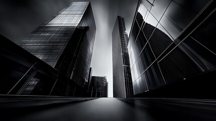 Obraz premium Low-angle view of skyscrapers in monochrome, emphasizing lines and reflections.