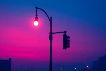 Urban landscape at twilight featuring a glowing street lamp and traffic light against a vibrant sky