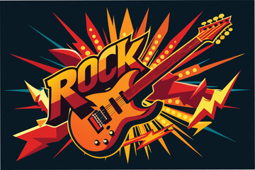 Vibrant vector illustration showcasing an electric guitar with dynamic bursts and energetic design elements emphasizing the theme of rock music