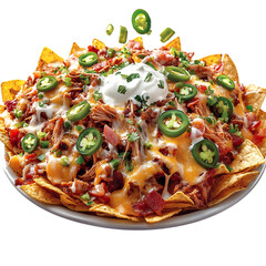 A Hearty Pulled Pork Nacho Platter with Melted Cheese Isolated on Transparent Background