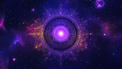 Cosmic mandala with vibrant purple and gold hues in space.