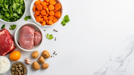 Fresh ingredients for homemade dog meals, artfully displayed for commercial use