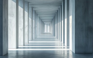 Fototapeta premium Abstract perspective of a long corridor with concrete columns and bright sunlight casting shadows. Minimalist architecture, geometric shapes and light and shadow play are key elements