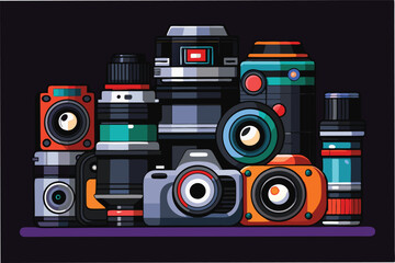 Fototapeta premium Collection of colorful vector illustrations showcasing various camera types and lenses on a dark background