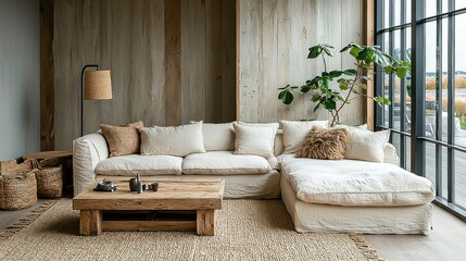 Stylish interior living room featuring a cozy beige sofa settee and divan complemented by a chic lounge carpet and elegant sconces for a warm inviting atmosphere