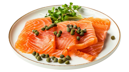 Smoked salmon slices with capers and microgreens on white plate with transparent background