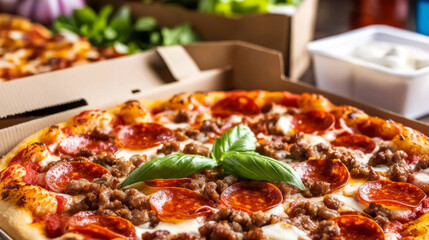 A mouthwatering pepperoni pizza topped with fresh herbs, delivering a classic and indulgent dining experience for all.