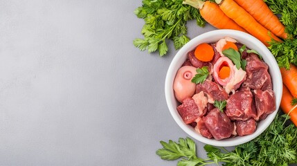 Vibrant raw dog food bowl with organ meat, carrots, and fresh herbs for a holistic diet