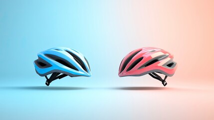 Two cycling helmets, light blue and coral pink, levitate against a pastel background.
