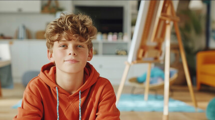 A cheerful young boy in a relaxed, colorful art setting, showcasing the joy of creativity and the beauty of artistic expression.