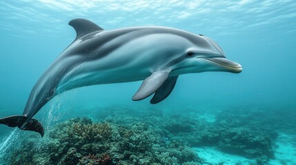 Majestic Dolphin Swimming Gracefully Over Vibrant Coral Reefs in Clear Blue Ocean Waters - Stunning Underwater Marine Wildlife Photography