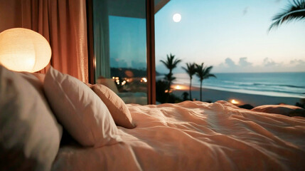 A serene bedroom offering an ocean view at dusk, inviting relaxation and contemplation in a beautifully serene atmosphere.