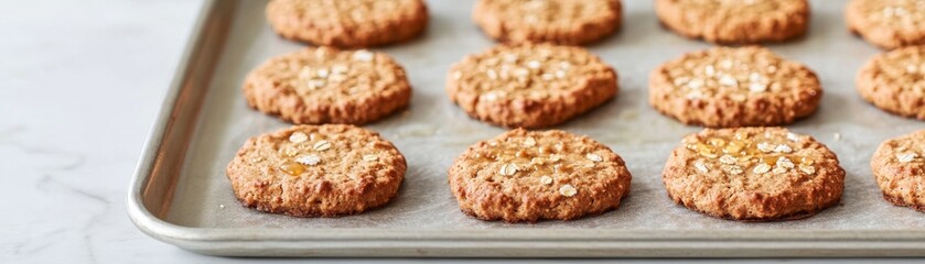 Handcrafted dog biscuits made from peanut butter, oats, and honey on a baking tray