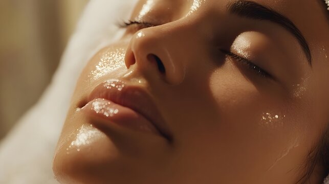 Realistic close-up of a woman&rsquo;s face as she receives a facial treatment at a spa, soft & ambient lighting
