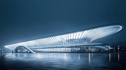 Obraz premium Futuristic train station at night, illuminated, reflecting in wet pavement.