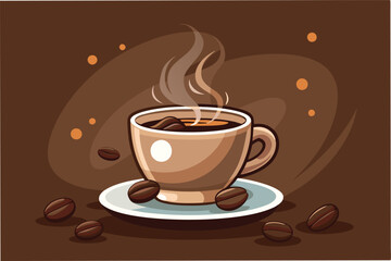 Hot coffee cup with steam and coffee beans on a plate in a cozy setting during morning hours